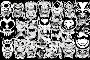 Japanese demon face fineline tattoo idea