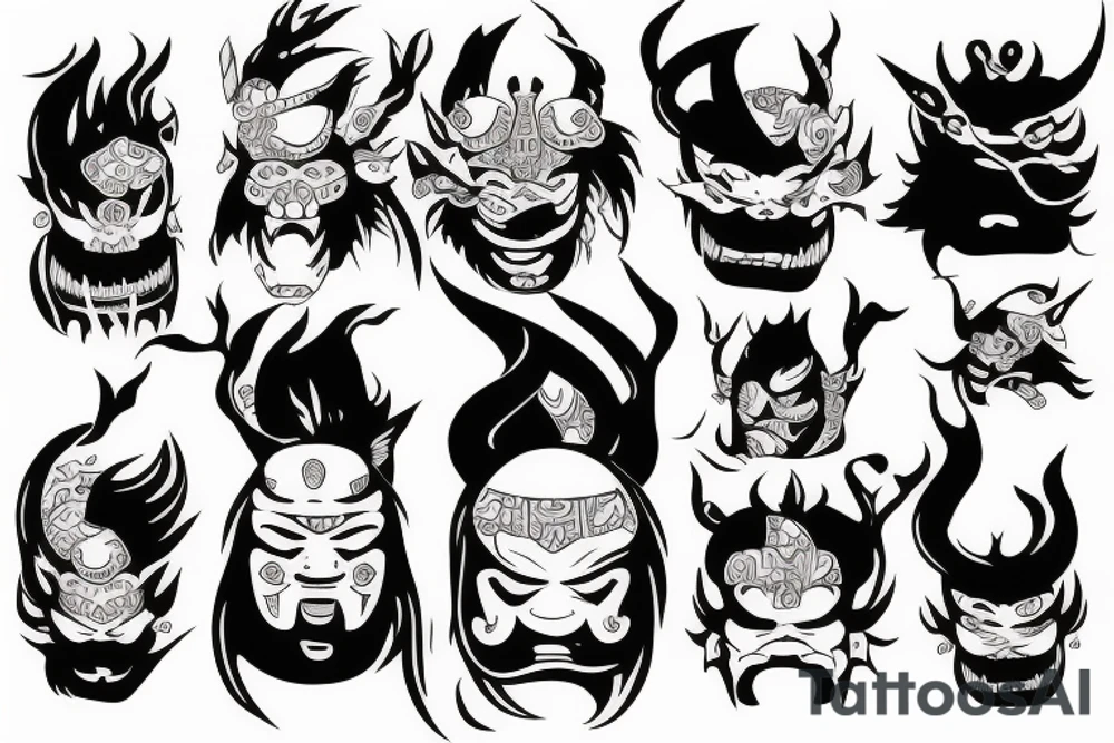 Japanese oni face fineline tattoo idea