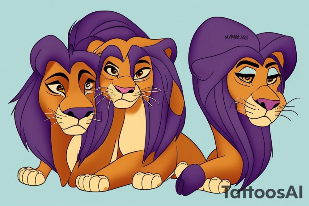 Nala and Kiara from Lion King, Nala stands behind Kiara and protects her, Nala has blue eyes, Kiara has brown eyes. tattoo idea