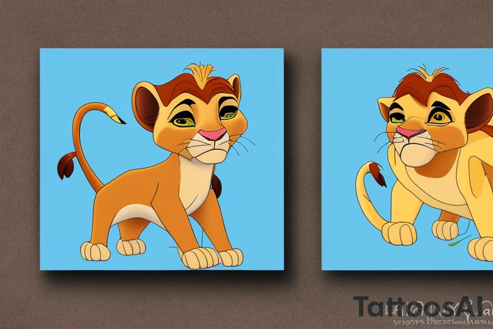 Nala and Kiara from Lion King, Nala stands behind Kiara and protects her, Nala has blue eyes, Kiara has brown eyes. tattoo idea