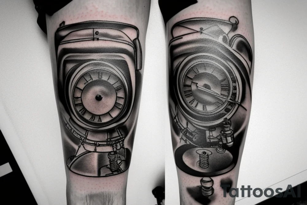 mechanical step counter. dial. tattoo on the leg, on the calf, from below there is a transmission shaft to the counter mechanism tattoo idea