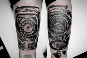 mechanical step counter. dial. tattoo on the leg, on the calf, from below there is a transmission shaft to the counter mechanism tattoo idea