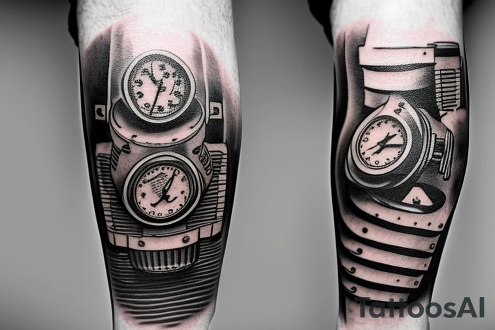 mechanical step counter. dial. tattoo on the leg, on the calf, from below there is a transmission shaft to the counter mechanism tattoo idea