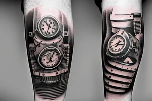mechanical step counter. dial. tattoo on the leg, on the calf, from below there is a transmission shaft to the counter mechanism tattoo idea