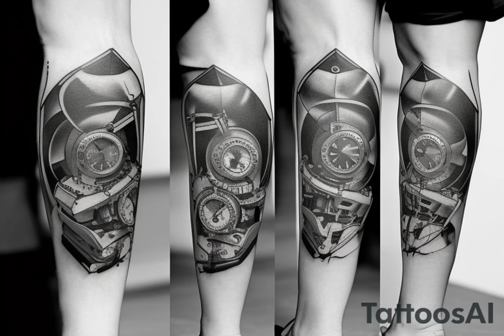 mechanical step counter with rectangular dial. tattoo on the leg, on the calf, from below there is a transmission shaft to the counter mechanism tattoo idea mechanical step counter with rectangular dial. tattoo on the leg, on the calf, from below there is a transmission shaft to the counter mechanism tattoo idea