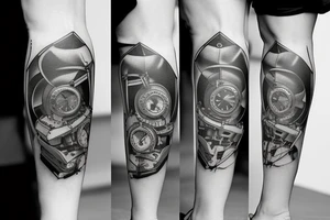 mechanical step counter with rectangular dial. tattoo on the leg, on the calf, from below there is a transmission shaft to the counter mechanism tattoo idea