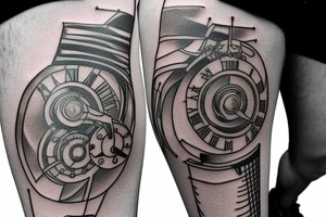 mechanical step counter with rectangular dial. tattoo on the leg, on the calf, from below there is a transmission shaft to the counter mechanism tattoo idea