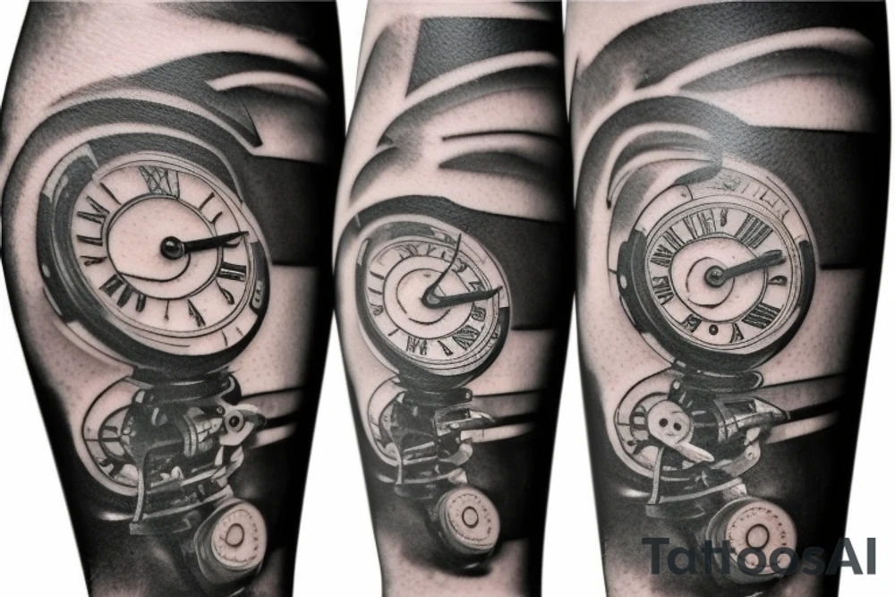 mechanical step counter with rectangular dial. tattoo on the leg, on the calf, from below there is a transmission shaft to the counter mechanism tattoo idea