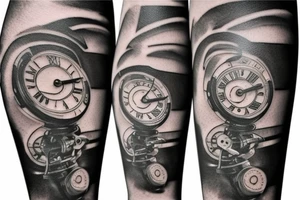 mechanical step counter with rectangular dial. tattoo on the leg, on the calf, from below there is a transmission shaft to the counter mechanism tattoo idea