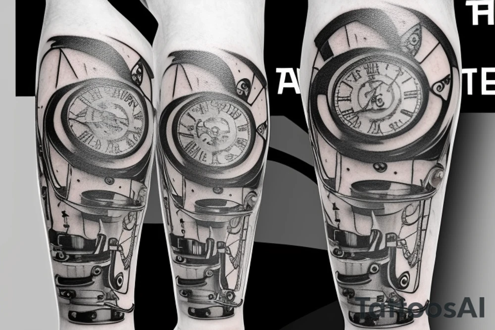 mechanical step counter with rectangular dial. tattoo on the leg, on the calf, from below there is a transmission shaft to the counter mechanism tattoo idea
