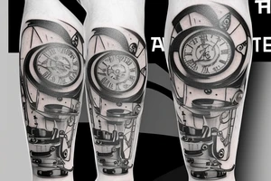 mechanical step counter with rectangular dial. tattoo on the leg, on the calf, from below there is a transmission shaft to the counter mechanism tattoo idea