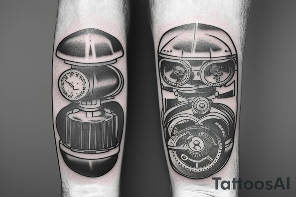 mechanical step counter with rectangular dial. tattoo on the leg, on the calf, from below there is a transmission shaft to the counter mechanism tattoo idea