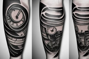 mechanical step counter with rectangular dial. tattoo on the leg, on the calf, from below there is a transmission shaft to the counter mechanism tattoo idea