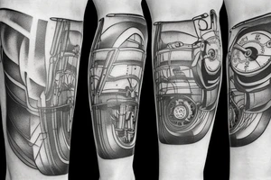 mechanical step counter with rectangular dial. tattoo on the leg, on the calf, from below there is a transmission shaft to the counter mechanism tattoo idea