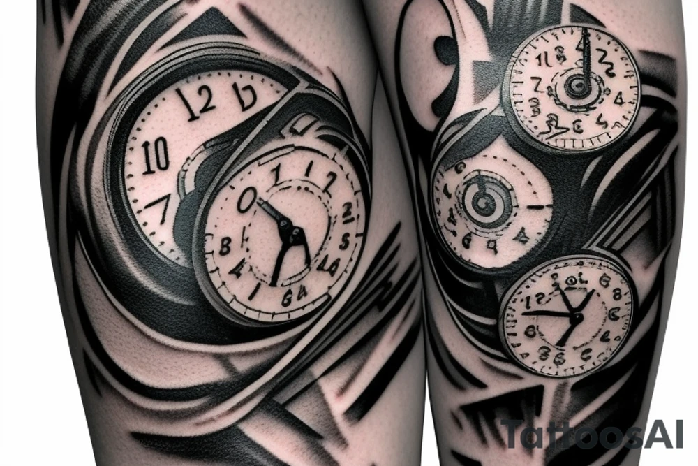 mechanical step counter with rectangular dial. tattoo on the leg, on the calf, from below there is a transmission shaft to the counter mechanism tattoo idea