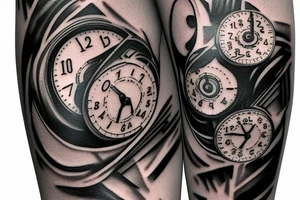 mechanical step counter with rectangular dial. tattoo on the leg, on the calf, from below there is a transmission shaft to the counter mechanism tattoo idea