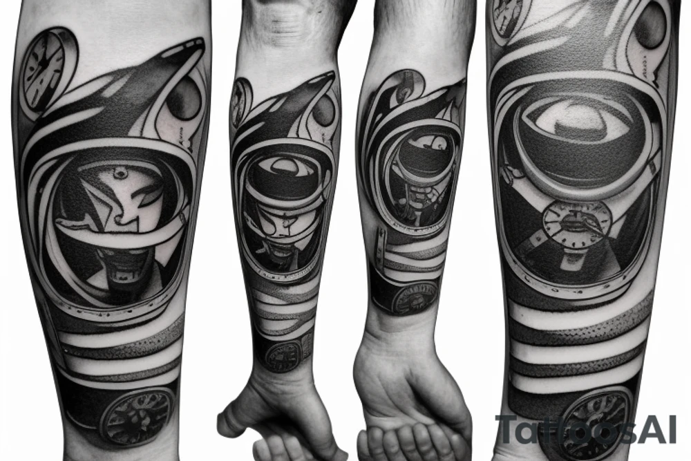 mechanical step counter with rectangular dial. tattoo on the leg, on the calf, from below there is a transmission shaft to the counter mechanism tattoo idea