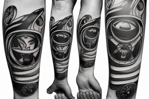 mechanical step counter with rectangular dial. tattoo on the leg, on the calf, from below there is a transmission shaft to the counter mechanism tattoo idea