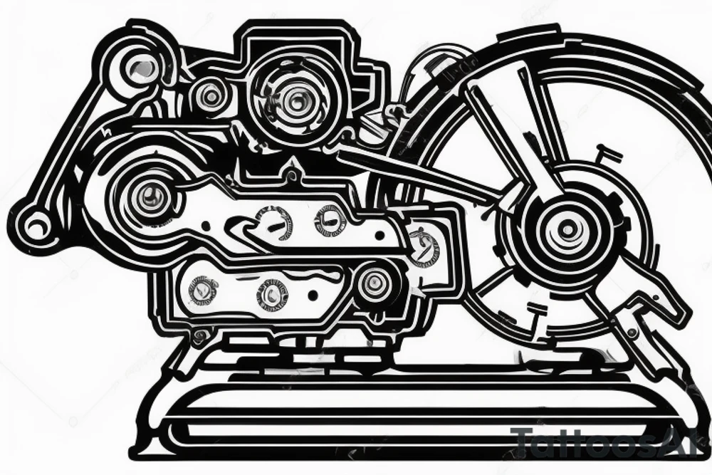 mechanical step counter with rectangular dial. tattoo on the leg, on the calf, from below there is a transmission shaft to the counter mechanism tattoo idea