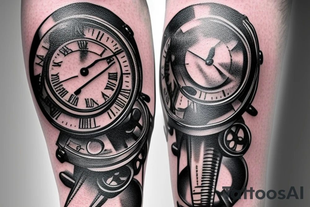 mechanical step counter with rectangular dial. tattoo on the leg, on the calf, from below there is a transmission shaft to the counter mechanism tattoo idea