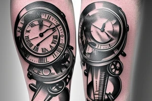 mechanical step counter with rectangular dial. tattoo on the leg, on the calf, from below there is a transmission shaft to the counter mechanism tattoo idea