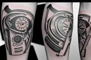 mechanical step counter with rectangular dial. tattoo on the leg, on the calf, from below there is a transmission shaft to the counter mechanism tattoo idea