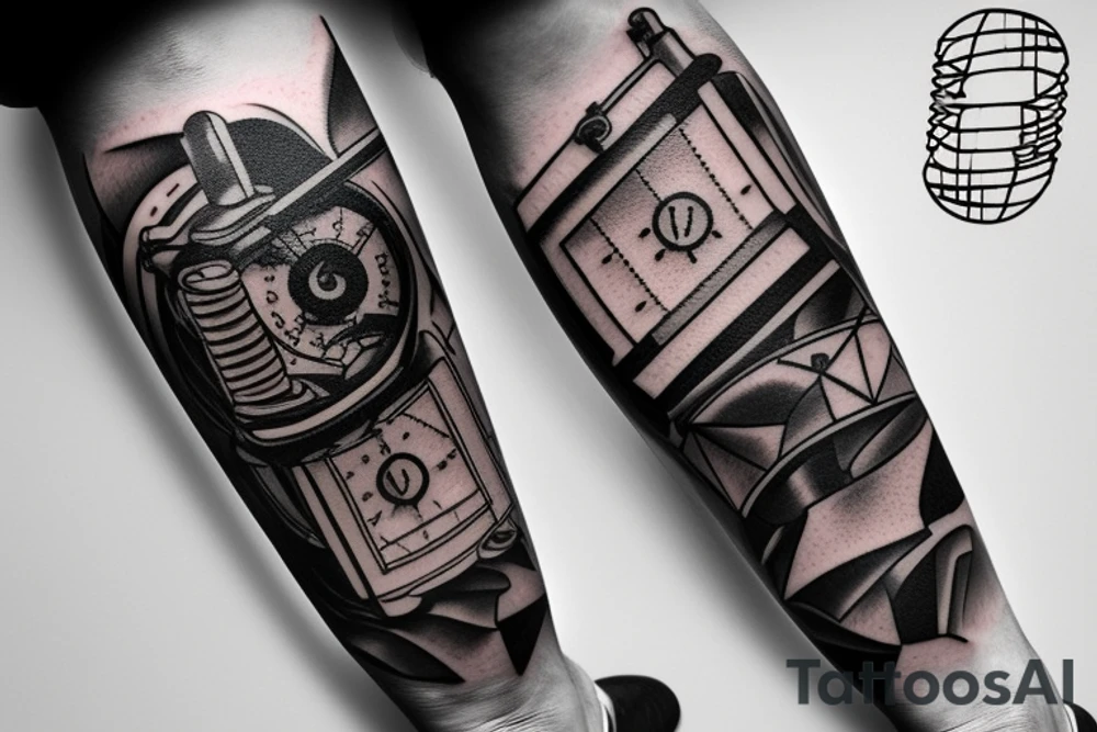 mechanical step counter with rectangular dial. tattoo on the leg, on the calf, from below there is a transmission shaft to the counter mechanism tattoo idea