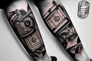 mechanical step counter with rectangular dial. tattoo on the leg, on the calf, from below there is a transmission shaft to the counter mechanism tattoo idea