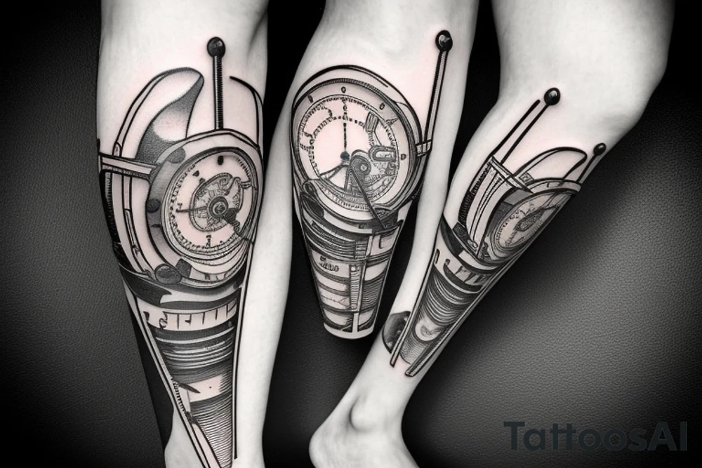 mechanical step counter with rectangular dial. tattoo on the leg, on the calf, from below there is a transmission shaft to the counter mechanism tattoo idea