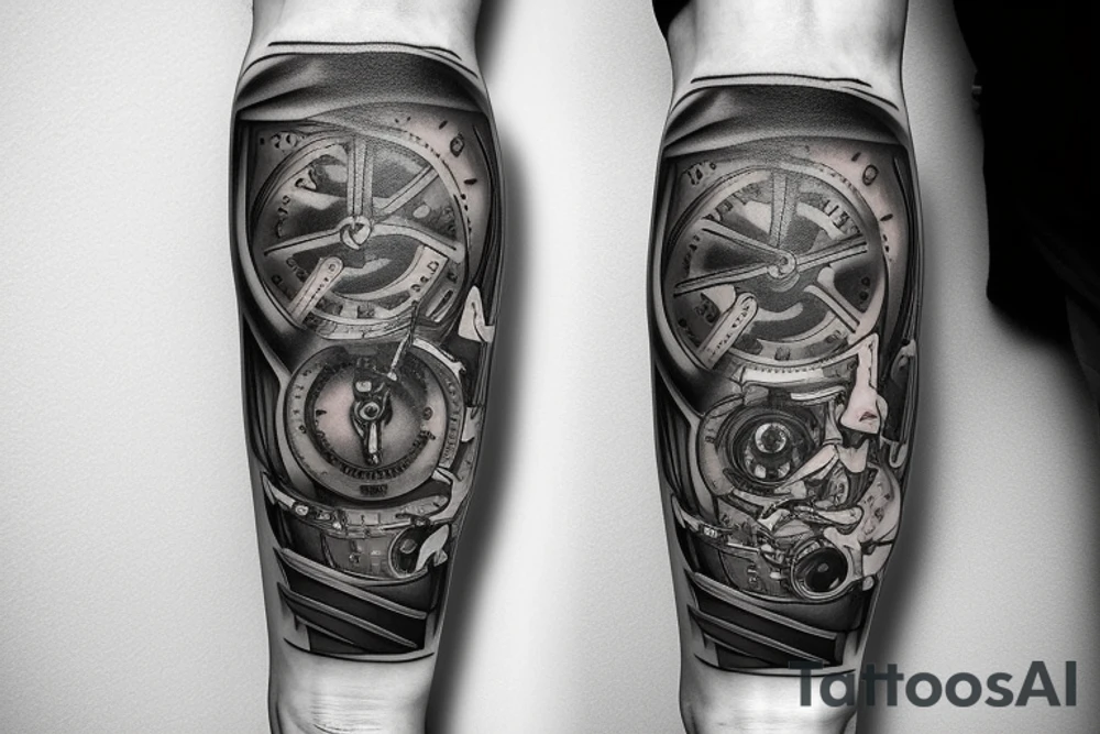 mechanical step counter with rectangular dial. tattoo on the leg, on the calf, from below there is a transmission shaft to the counter mechanism tattoo idea