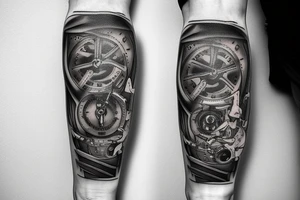 mechanical step counter with rectangular dial. tattoo on the leg, on the calf, from below there is a transmission shaft to the counter mechanism tattoo idea