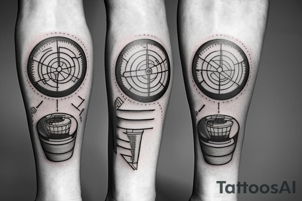 mechanical step counter with rectangular dial. tattoo on the leg, on the calf, from below there is a transmission shaft to the counter mechanism tattoo idea