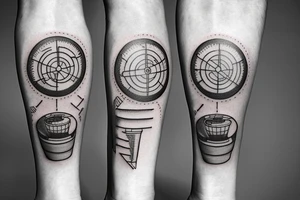 mechanical step counter with rectangular dial. tattoo on the leg, on the calf, from below there is a transmission shaft to the counter mechanism tattoo idea