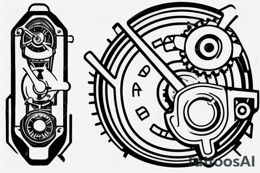 mechanical step counter with rectangular dial. tattoo on the leg, on the calf, from below there is a transmission shaft to the counter mechanism tattoo idea