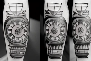 mechanical step counter with rectangular dial. tattoo on the leg, on the calf, from below there is a transmission shaft to the counter mechanism tattoo idea