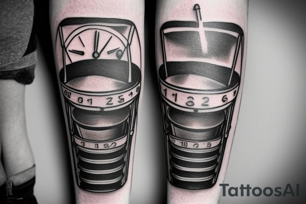 mechanical step counter with rectangular dial. tattoo on the leg, on the calf, from below there is a transmission shaft to the counter mechanism tattoo idea