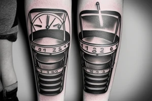 mechanical step counter with rectangular dial. tattoo on the leg, on the calf, from below there is a transmission shaft to the counter mechanism tattoo idea