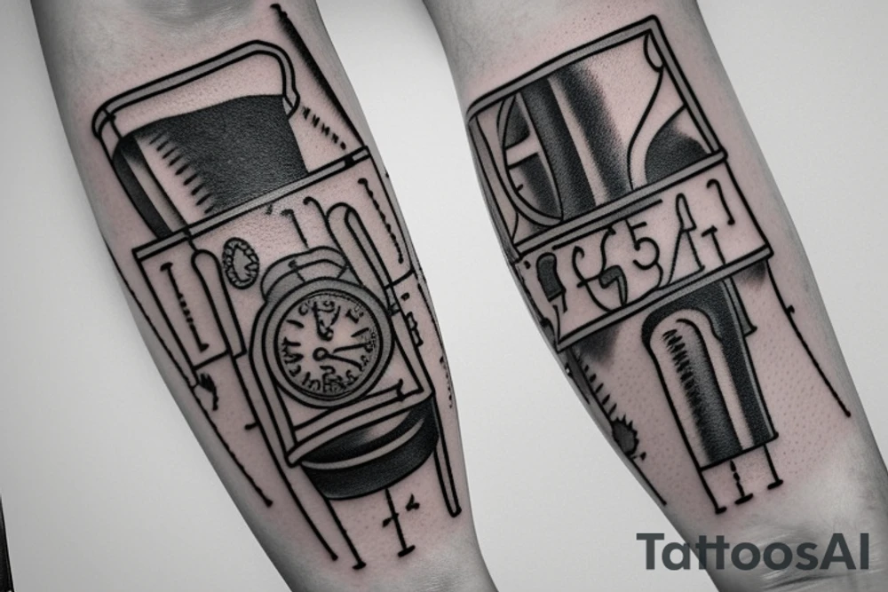 mechanical step counter with rectangular dial. tattoo on the leg, on the calf, from below there is a transmission shaft to the counter mechanism tattoo idea