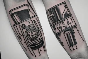 mechanical step counter with rectangular dial. tattoo on the leg, on the calf, from below there is a transmission shaft to the counter mechanism tattoo idea