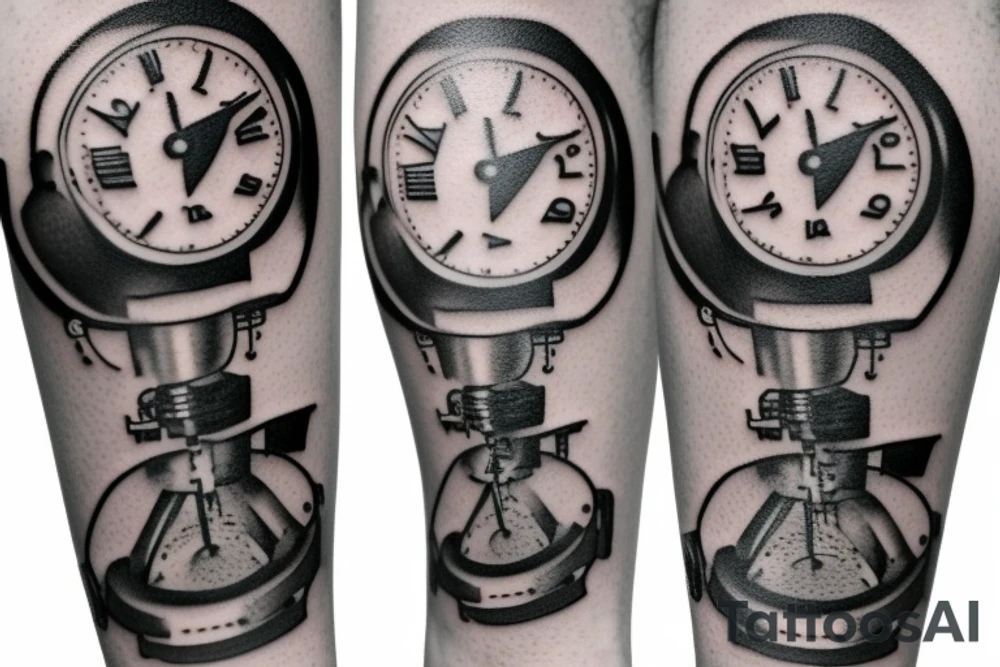 mechanical step counter with rectangular dial. tattoo on the leg, on the calf, from below there is a transmission shaft to the counter mechanism tattoo idea