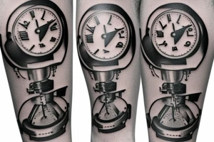 mechanical step counter with rectangular dial. tattoo on the leg, on the calf, from below there is a transmission shaft to the counter mechanism tattoo idea