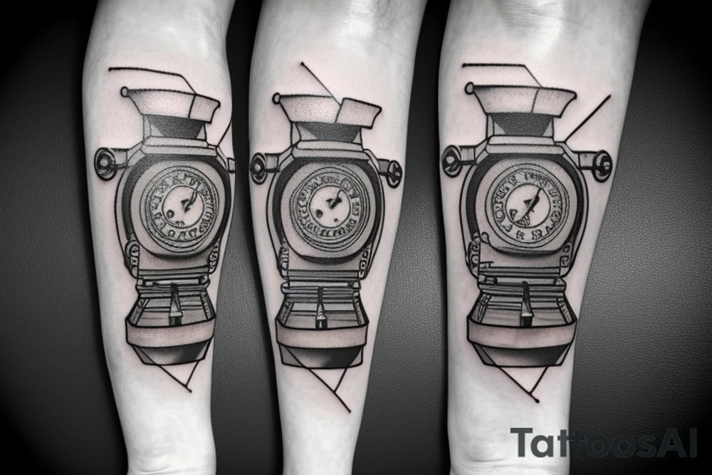 mechanical step counter with rectangular dial. tattoo on the leg, on the calf, from below there is a transmission shaft to the counter mechanism tattoo idea