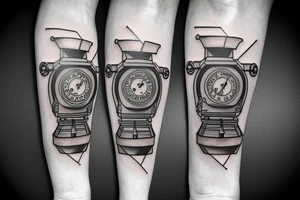 mechanical step counter with rectangular dial. tattoo on the leg, on the calf, from below there is a transmission shaft to the counter mechanism tattoo idea