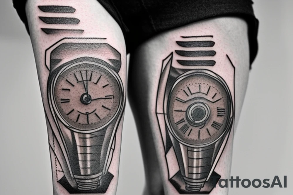 mechanical step counter with rectangular dial. tattoo on the leg, on the calf, from below there is a transmission shaft to the counter mechanism tattoo idea