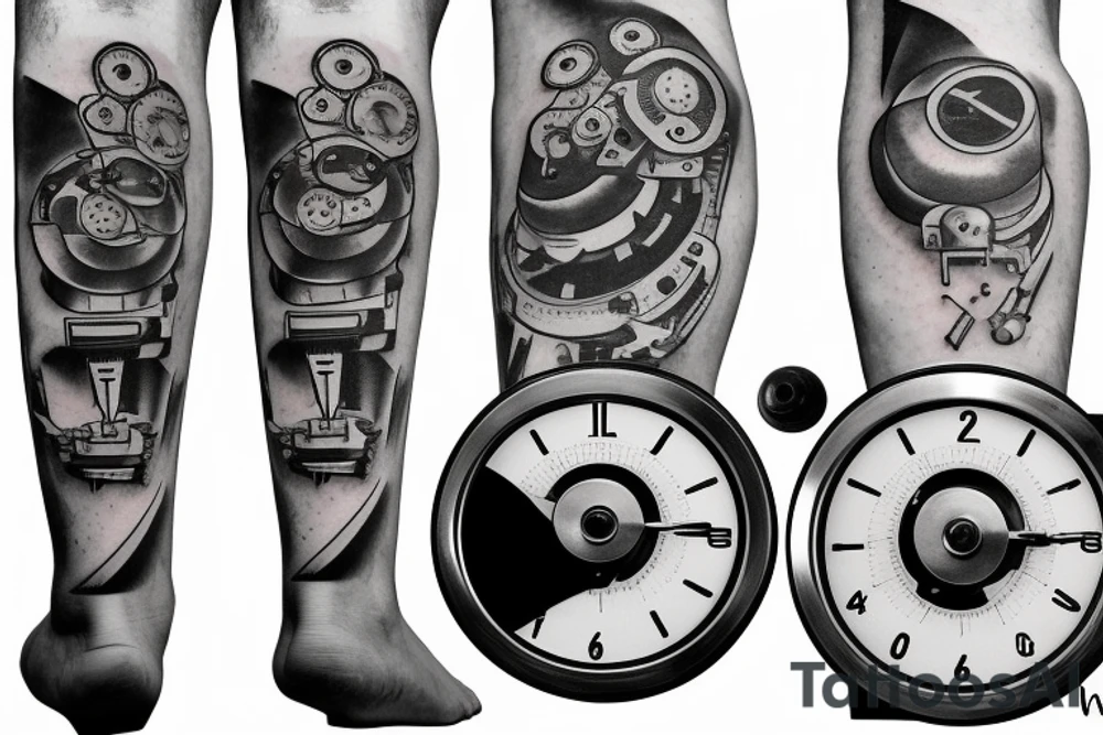 mechanical step counter with rectangular dial. tattoo on the leg, on the calf, from below there is a transmission shaft to the counter mechanism tattoo idea