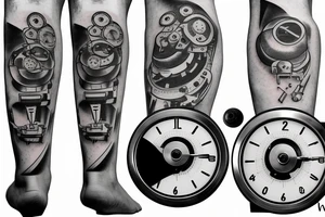 mechanical step counter with rectangular dial. tattoo on the leg, on the calf, from below there is a transmission shaft to the counter mechanism tattoo idea