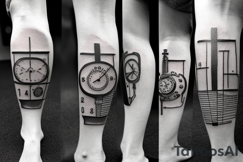 mechanical step counter with rectangular dial. tattoo on the leg, on the calf, from below there is a transmission shaft to the counter mechanism tattoo idea