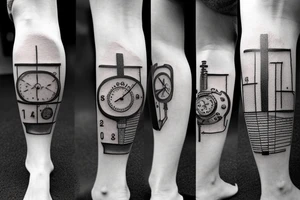 mechanical step counter with rectangular dial. tattoo on the leg, on the calf, from below there is a transmission shaft to the counter mechanism tattoo idea