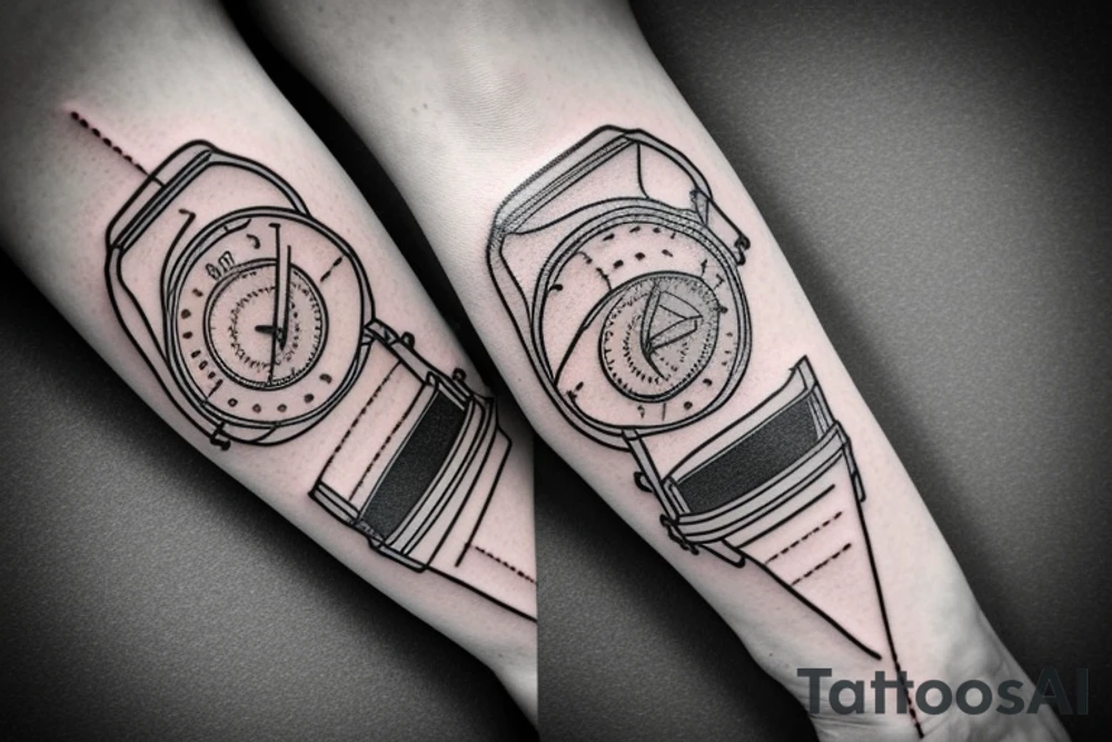 mechanical step counter with rectangular dial. tattoo on the leg, on the calf, from below there is a transmission shaft to the counter mechanism tattoo idea