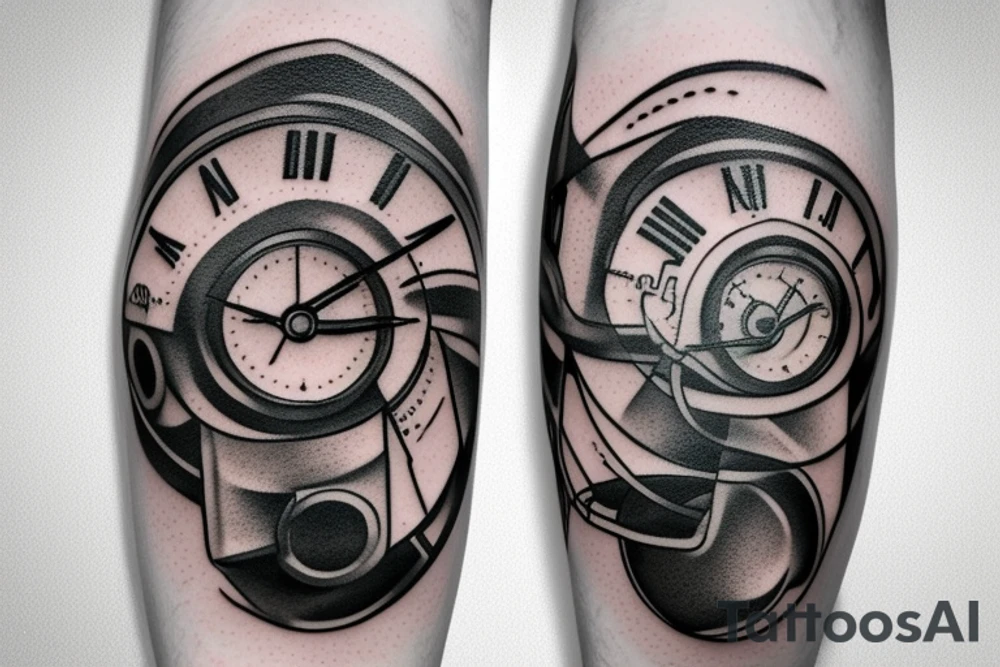 mechanical step counter with rectangular dial. tattoo on the leg, on the calf, from below there is a transmission shaft to the counter mechanism tattoo idea